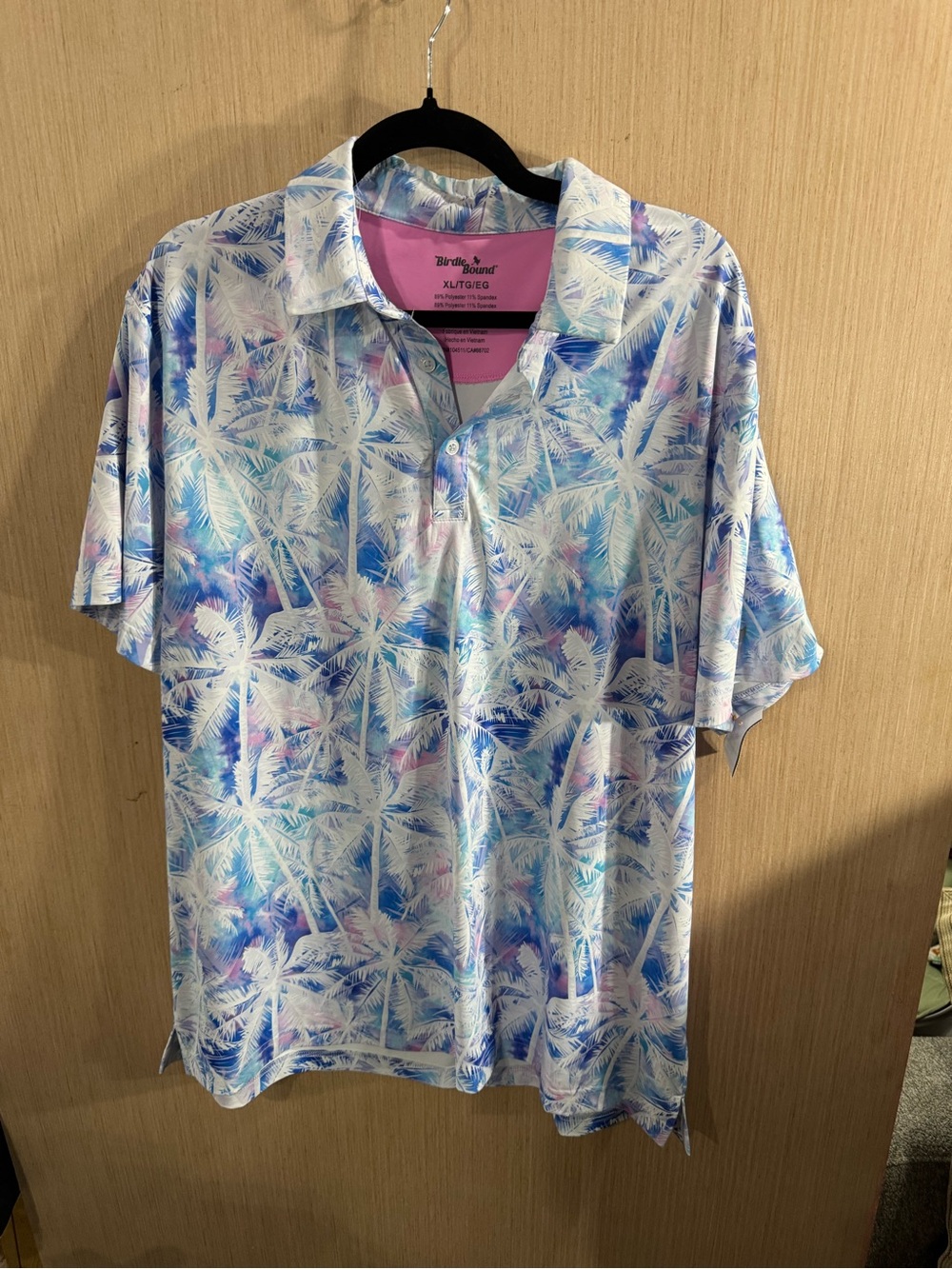 Birdie Bound Men’s Pastel Blue Tropical Palm Golf Polo Size XL